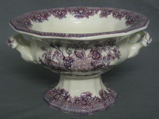A Masons Ascot Puce pattern circular twin handled pedestal bowl, the base with puce Masons mark 9"