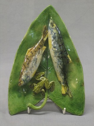 A Majolica style leaf shaped dish decorated fish and frog, the reverse indistinctly marked  9" 