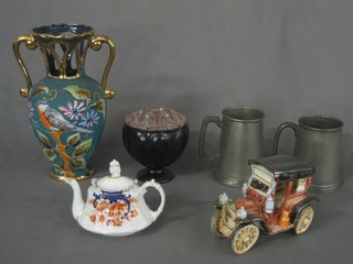 A Continental blue glazed pottery twin handled vase 11", a Royalty ware tea service, an etched glass biscuit barrel with plated mounts and a collection of decorative ceramics etc