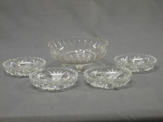 A circular moulded glass dish 8 1/2" and 4 circular cut glass dishes 6"