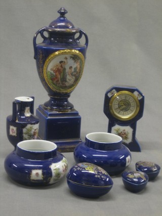 A blue glazed urn and cover 12", a similar clock and a collection of various other blue glazed porcelain