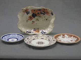 A circular blue and white Worcester plate 7", a Samsons Hancock rectangular Derby style bowl 10", a Bloor Derby plate and 1 other Derby plate