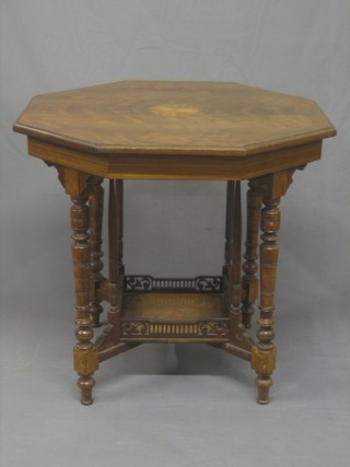 An Edwardian octagonal inlaid rosewood occasional table with undertier, raised on turned supports 30"