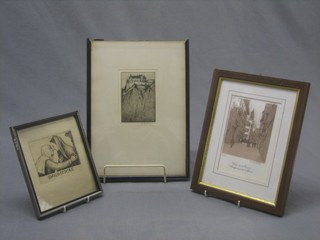 A  19th Century Continental monochrome print "Magnifica" 3" x 4", an etching "Mountain Castle" 4" x 3" and 1 other (3)