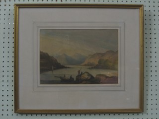 A 19th Century watercolour drawing "Mountain Loch with Fishing Boats and Figures" 8" x 12"