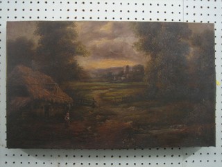 19th Century oil on canvas "Rural Scene with Church, Track, Thatched Building and Figure" 12" x 20" (unframed)