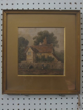 19th Century watercolour drawing "Country Cottage" the reverse with typed label Thomas Colman Dibdin 6 1/2" x 6 1/2"