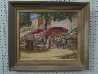 Bruzac, oil on board Continental impressionist scene "The Market" 12" x 15"