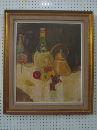 Continental oil on board, still life study "Kettle and a Bottle of Mateus Rose" the reverse marked Van Stephout 17 1/2" x 14"