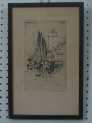 F Robson, an etching "The Fish Sale" 7" x 5"