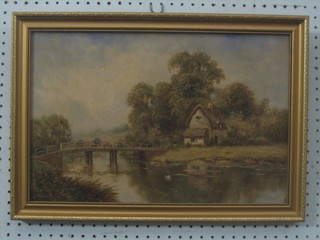 19th Century oil on canvas "River with Bridge and Thatched Cottage" the reverse labelled S J Johnson The Old Bridge East Bergholt Suffolk, 11" x 17 1/2"