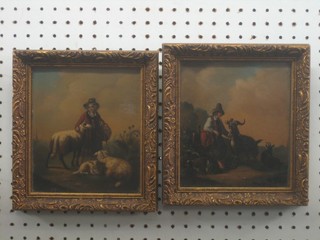 A pair of 18th/19th Century oil paintings on metal "Shepherdess and Goat Herder" 7" x 6"