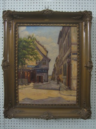 R Lorenz, oil on canvas "German Street Scene" 21" x 15"