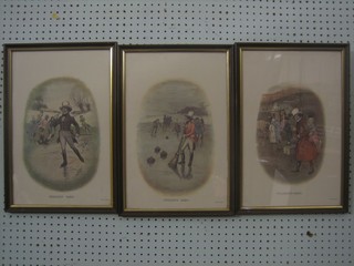 3 various coloured prints "Skating 1820", "Curling and Coaching" 12" oval