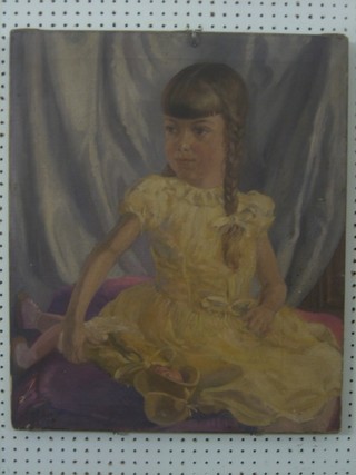 Lea, oil on canvas, "Portrait of a Seated Girl with Doll" 24" x 20", unframed