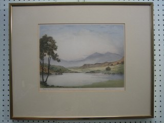 B Wells, artists proof coloured etching "Evening on Snowdon" 9" x 12" with blind proof stamp to the margin