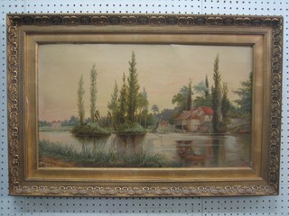 Stevenson,  19th Century oil on canvas "Figures Rowing on a Mill Pond" 14" x 23"