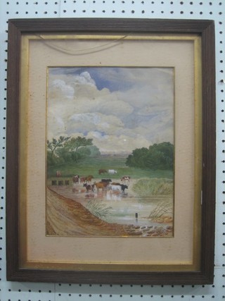 19th Century watercolour drawing "Watering Cattle" 12" x 9"