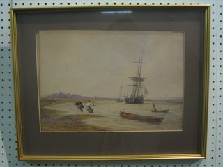 19th Century watercolour drawing "Seascape with Fishing Boats", the reverse marked Rye on the Cinque Ports 9 1/2" x 13"