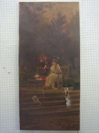 A 19th Century romantic oil on canvas "Two Seated Figures on a Terrace with Cat" 56" x 27" (holed)