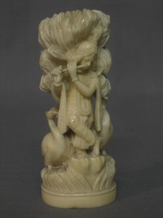 An Oriental  carved ivory figure of a lady musician with 2 birds 5"