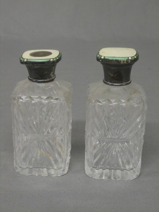 2 square cut glass scent bottles with silver and enamelled lids 4"