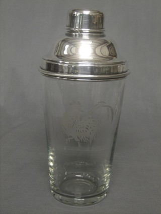 A Continental glass cocktail shaker etched a cockerel with silver plated mounts