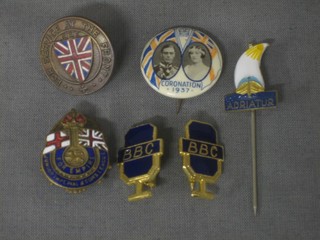 2 enamel BBC badges in the form of microphones, a CEF badge marked For Services At The Front, an enamelled badge Junior Imperial and Cons League, a 1937 Coronation badge and an enamelled stick pin marked Adriatur