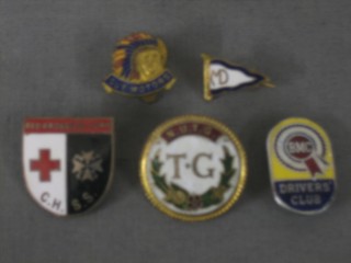 A NUTG enamelled badge, a Red Cross St John's enamelled badge, a Guy Motors badge, a DMC Driver's Club badge and a badge in the form of a burgee marked MD