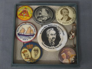 2 Edward VII badges, a Livingstone Calling badge 1957, a Royal National Life Boat Institute Collector's badge 1916 - 1917, 2 George VI badges, a Daily Shield Road Safety League badge and an Arthur Bliss badge 1923
