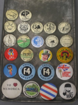 24 various badges including Hostels - Street, Lostwithiel, Minehead, Exeter, Cheddar, Parracombe, Treyarnon, Phillack, Lands End, The Bridport Dagger, Cranborne and others -  Museum & Art Gallery Bridport, East Marden, Member of Uncle Holly Circus, The Oats Aug 11th-18th 1956, I Support British Olympics, F4 Devonia Marco Polo, F4 Devonia Lawrance, 2 Golliwog badges and 3 other badges