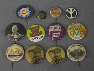 12 various badges - 2 decorated Edward VII, 1 Admiral Jellico, Henley 1913, Our Empire War For World Peace, Royal National Life Boat Institute Collector 1916-17, Carshalton Coronation Pageant 1911, YLW Wings for Victory, Freedom decorated the 3 allied leaders Churchill, Roosevelt and Stalin, Butch and CND