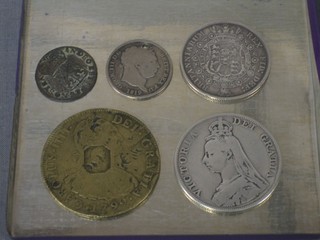 A George III 1817 silver half crown, a Victorian silver 1888 half crown and 3 other coins
