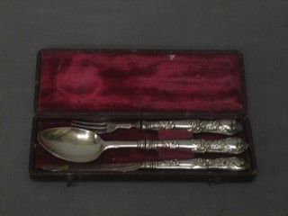 A George IV silver 3 piece Christening set comprising knife, fork and spoon, Birmingham 1827, cased