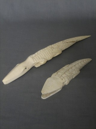 2 carved ivory figures of crocodiles 13" and 8"
