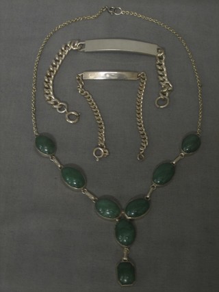 A green hardstone necklet and 2 silver identity bracelets
