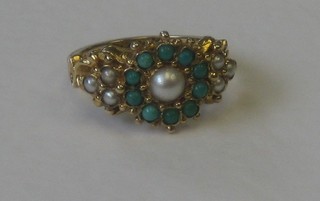A lady's 9ct gold dress ring set turquoise and pearls