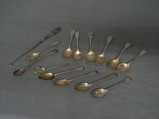 13 various silver spoons, 7 ozs and a silver handled button hook