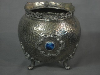 An Art Nouveau planished silver plated vase set polished stones, base marked 11079, 3 1/2"