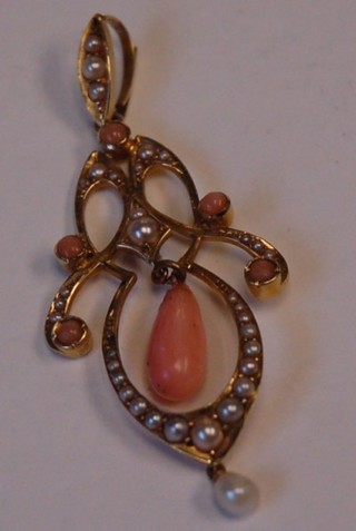 A 15ct gold pendant set coral and pearls 