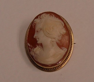 An oval shell carved cameo portrait contained in a gold brooch mount
