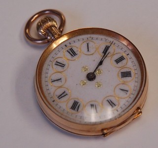 A lady's open faced fob watch contained in a 14ct chased gold case