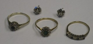3 various 9ct gold dress rings and a pair of ear studs set small diamonds