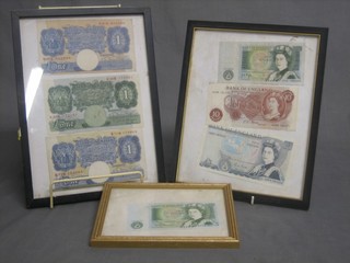2 framed blue pound notes together with a green pound note, an old 10 shilling note, an old