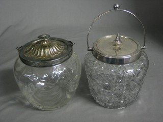 A cut glass biscuit barrel with silver plated mounts and 1 other (loose)