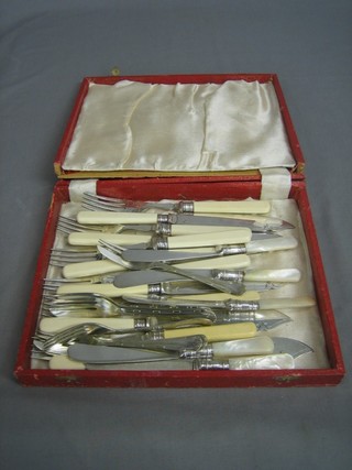 A set of 6 silver plated fish knives and forks cased, 5 mother of pearl handled tea knives and 6 silver plated pastry forks