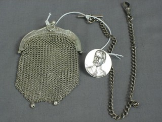 A silver button decorated Lord Roberts, a silver curb link watch chain and a chain mail evening bag
