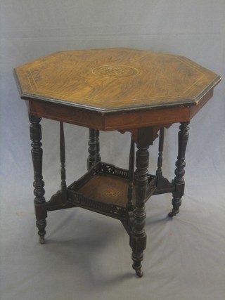 An Edwardian octagonal inlaid rosewood 2 tier occasional table 30"