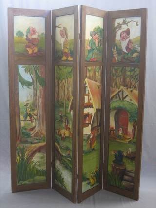 A 1920's 4 fold ply wood dressing screen painted scenes from Snow White and The Seven Dwarfs, signed Fred Zaweski 1927