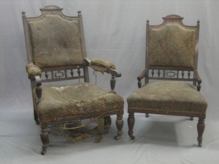 An Edwardian carved walnut armchair together with a matching nursing chair (requires some attention)
